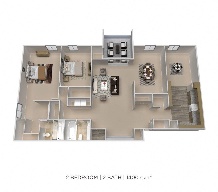 Floor plan for 2 beds, 2 baths, 1400 sqft